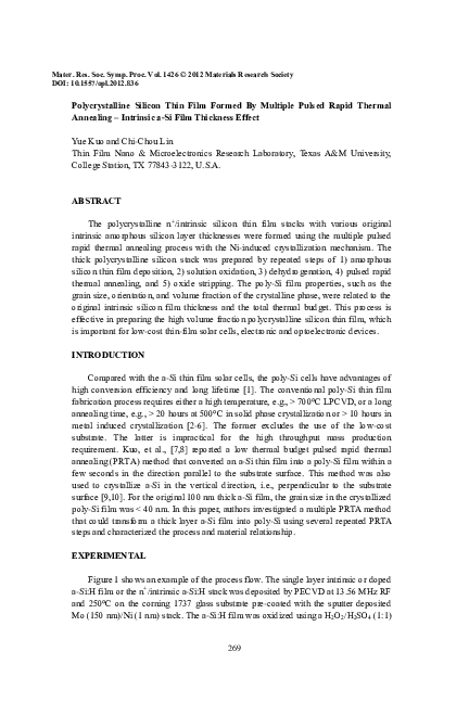 (PDF) Polycrystalline Silicon Thin Film Formed By Multiple Pulsed Rapid ...