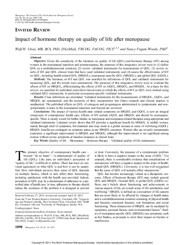 (PDF) Impact of hormone therapy on quality of life after menopause