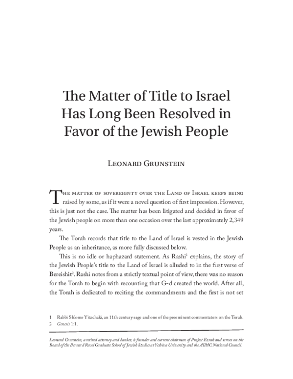 (PDF) The Matter of Title to Israel Has Long Been Resolved in Favor of ...