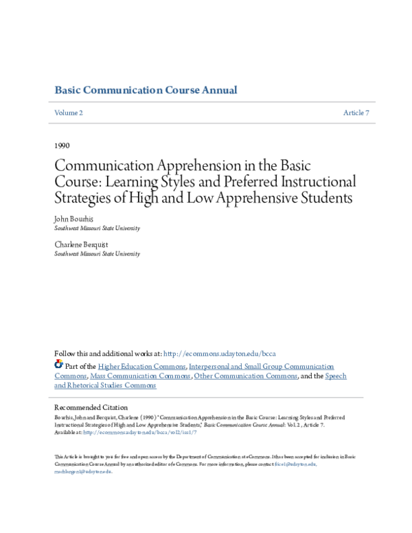 (PDF) Communication Apprehension in the Basic Course: Learning Styles ...