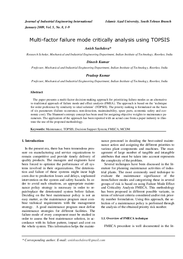 (PDF) Maintenance criticality analysis using TOPSIS