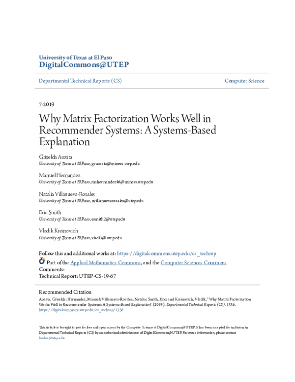 (PDF) Why Matrix Factorization Works Well in Recommender Systems: A ...