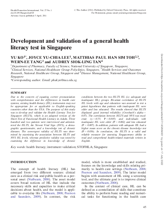 (PDF) Development and validation of a general health literacy test in ...