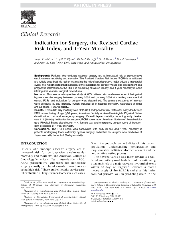 (PDF) Indication for Surgery, the Revised Cardiac Risk Index, and 1 ...