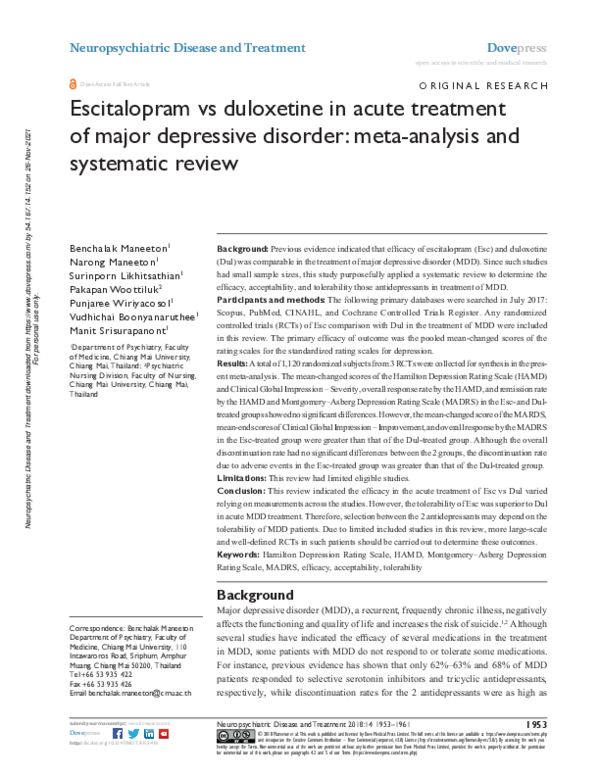 (PDF) Escitalopram vs duloxetine in acute treatment of major depressive ...
