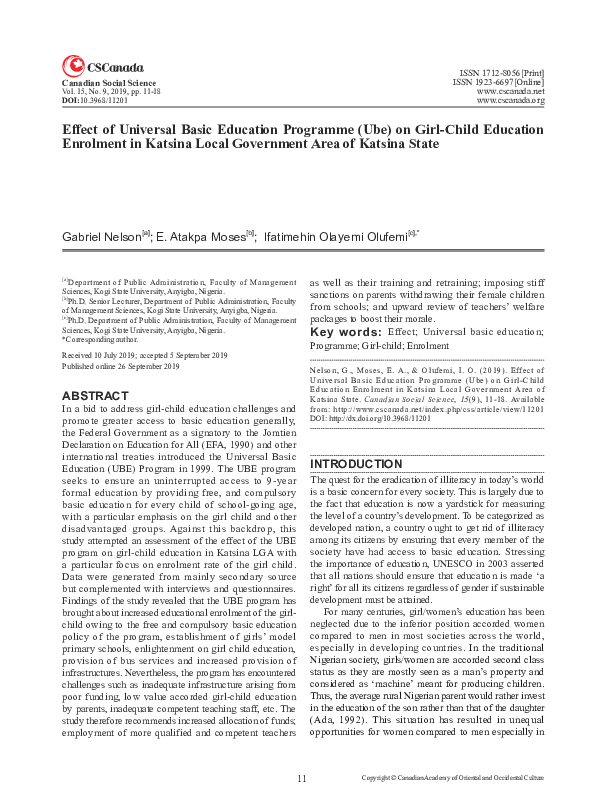 (PDF) Effect of Universal Basic Education Programme (Ube) on Girl-Child ...