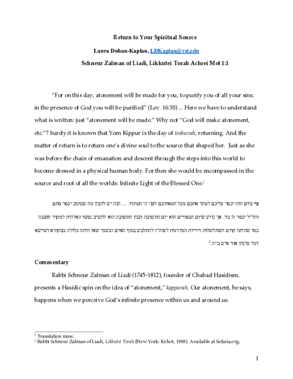 (PDF) Return to Your Spiritual Source: A Hasidic-Kabbalistic Teaching ...