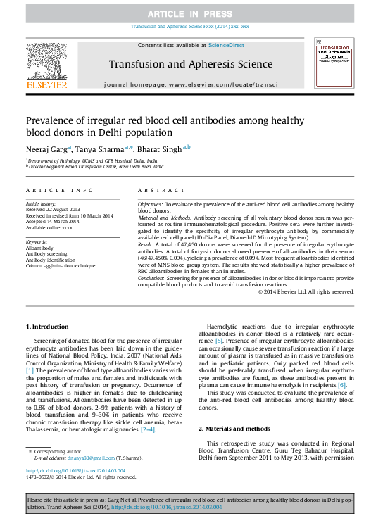(PDF) Prevalence of irregular red blood cell antibodies among healthy ...