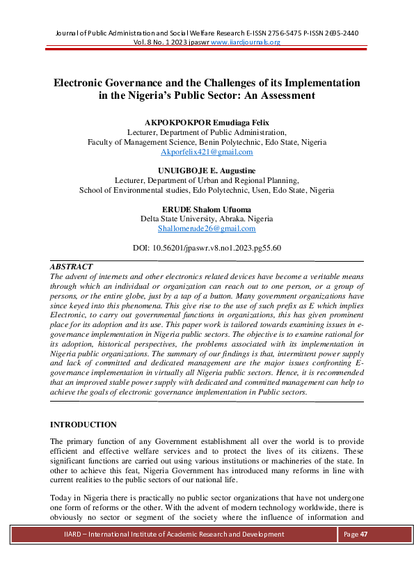 (PDF) Electronic Governance and the Challenges of its Implementation in ...
