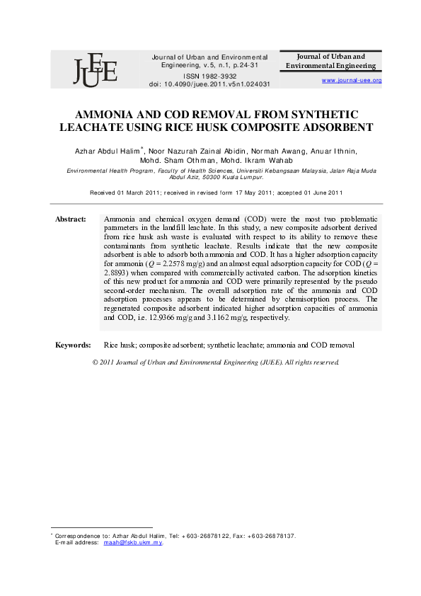 (PDF) Ammonia and cod removal from synthetic leachate using rice husk ...