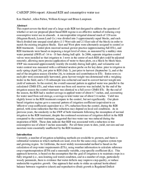(PDF) CARDIP 2006 report: Almond RDI and consumptive water use