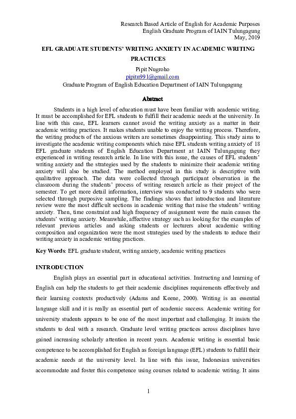 (DOC) EFL GRADUATE STUDENTS' WRITING ANXIETY IN ACADEMIC WRITING PRACTICES