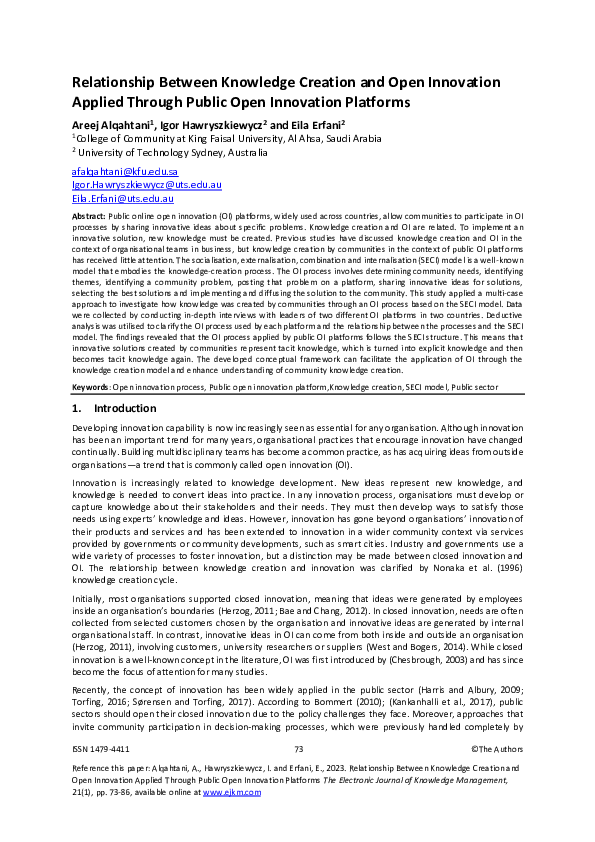 (PDF) Relationship Between Knowledge Creation and Open Innovation ...