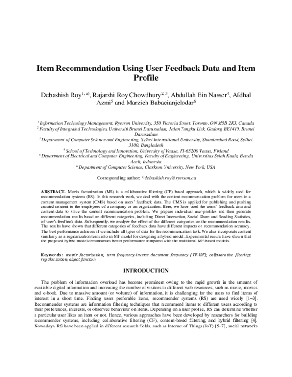 (PDF) Item Recommendation Using User Feedback Data and Item Profile