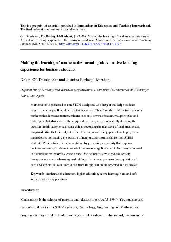 (PDF) Making the learning of mathematics meaningful: An active learning ...