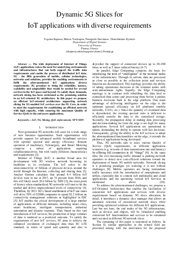 (PDF) Dynamic 5G Slices for IoT Applications with Diverse Requirements