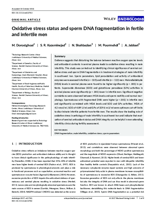 (PDF) Oxidative stress status and sperm DNA fragmentation in fertile ...
