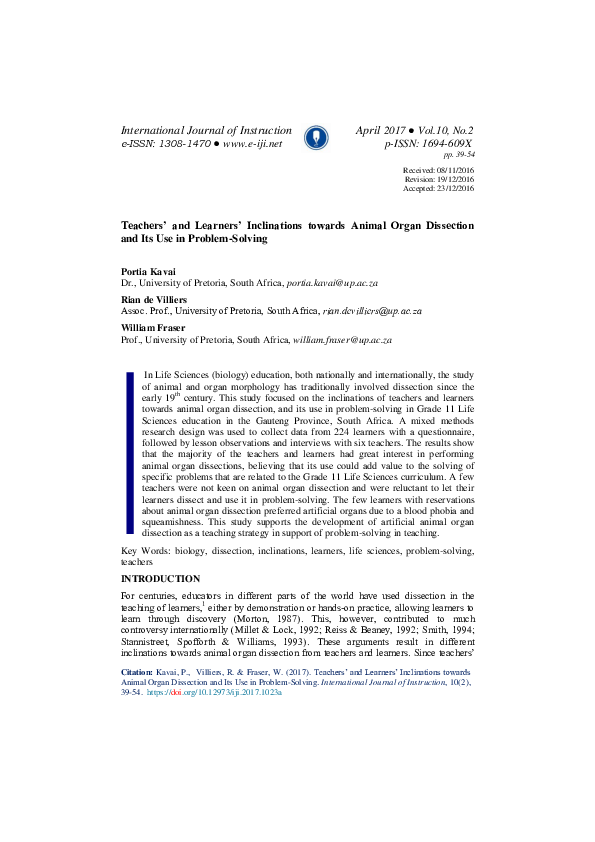 (PDF) Teachers’ and Learners’ Inclinations towards Animal Organ ...