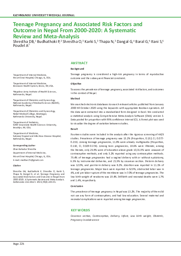 (PDF) Teenage Pregnancy and Associated Risk Factors and Outcome in ...