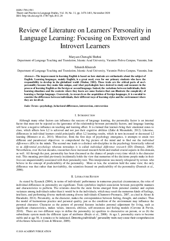 (PDF) Review of Literature on Learners' Personality in Language ...