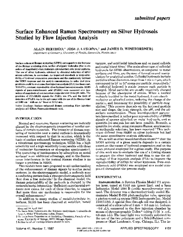 (PDF) Surface Enhanced Raman Spectrometry on Silver Hydrosols Studied ...