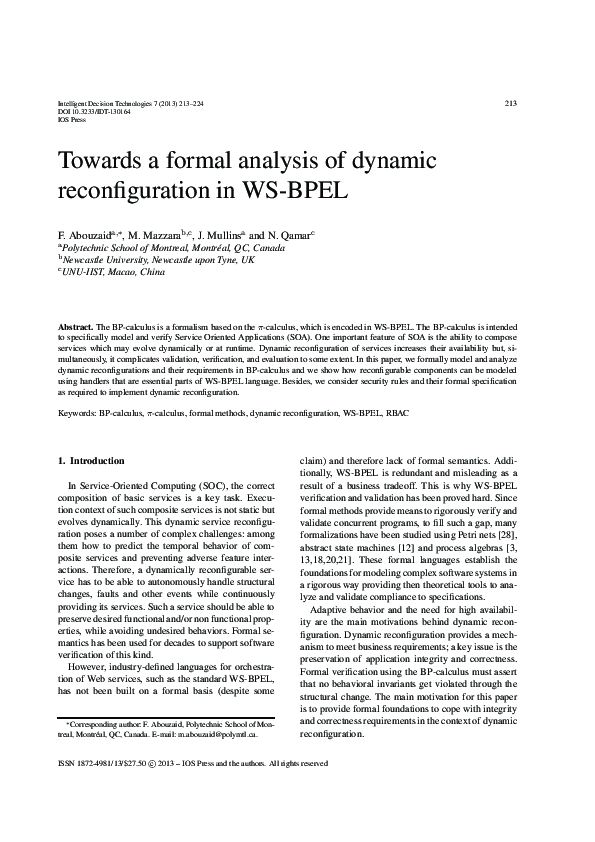 (PDF) Towards a formal analysis of dynamic reconfiguration in WS-BPEL
