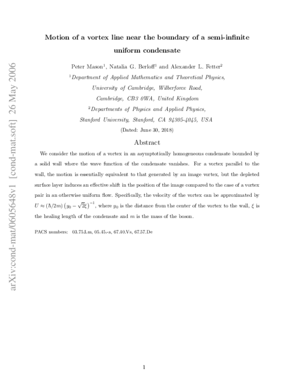 (PDF) Motion of a vortex line near the boundary of a semi-infinite ...