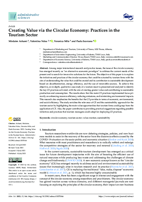(PDF) Creating Value via the Circular Economy: Practices in the Tourism ...