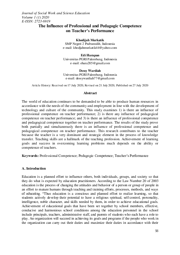 (PDF) The Influence of Professional and Pedagogic Competence on Teacher ...