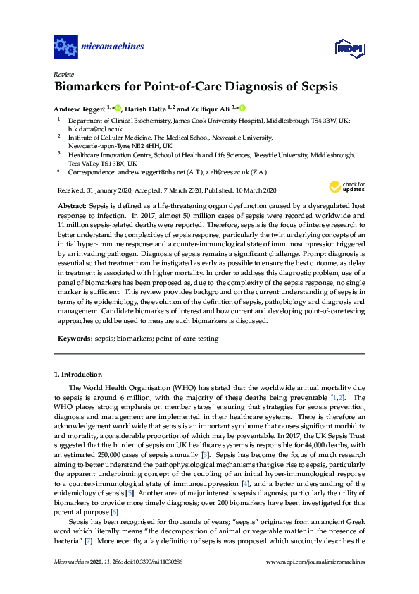 (PDF) Biomarkers for Point-of-Care Diagnosis of Sepsis