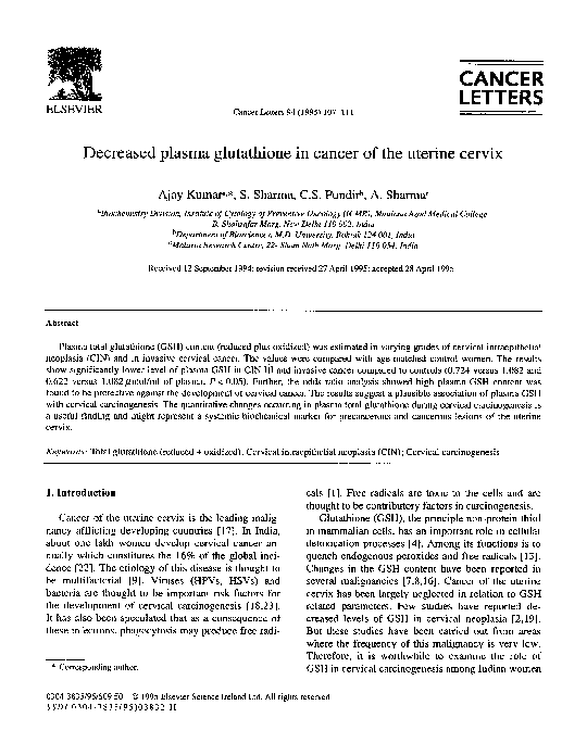 Decreased plasma glutathione in cancer of the uterine cervix