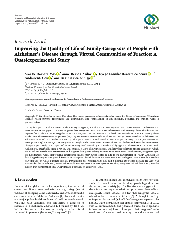 (PDF) Improving the Quality of Life of Family Caregivers of People with ...