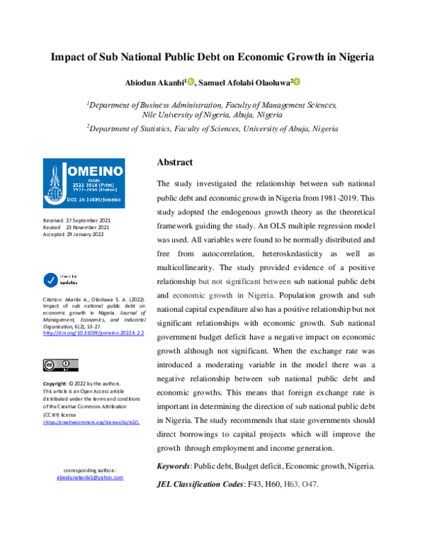 (PDF) Impact of sub national public debt on economic growth in Nigeria