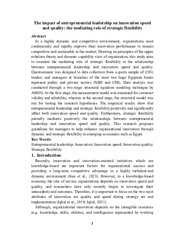 (PDF) The impact of entrepreneurial leadership on innovation speed and ...