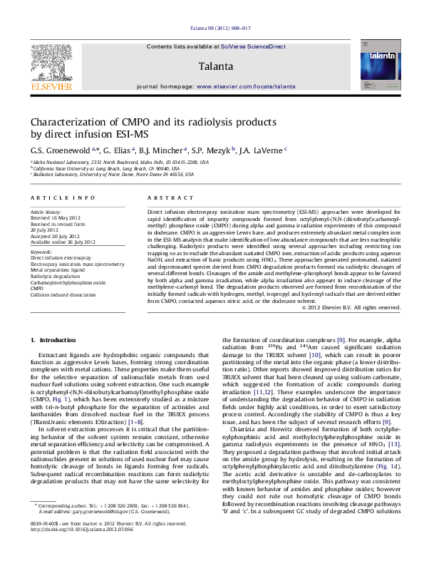 (PDF) Characterization of CMPO and its radiolysis products by direct ...