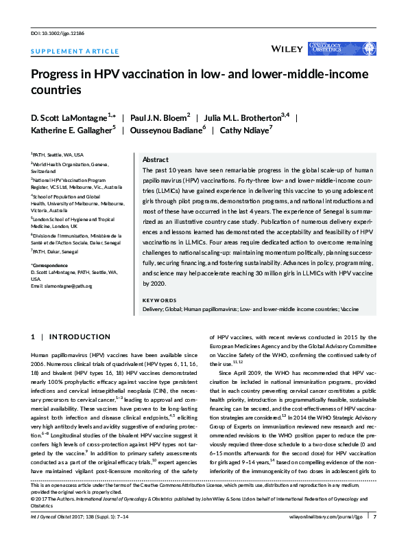 (PDF) Progress in HPV vaccination in low- and lower-middle-income countries