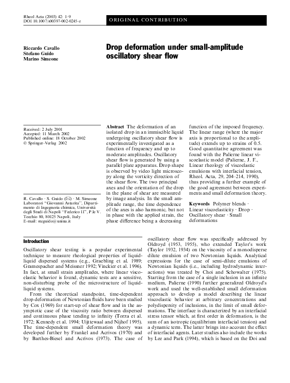 (PDF) Drop deformation under small-amplitude oscillatory shear flow