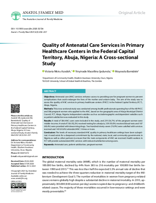 (PDF) Quality of Antenatal Care Services in Primary Healthcare Centers ...