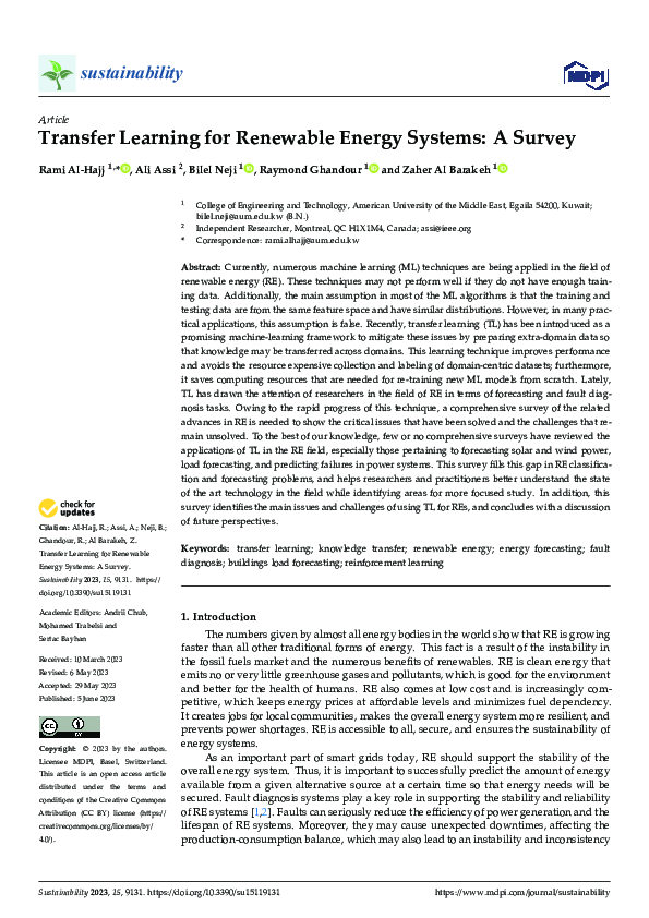 (PDF) Transfer Learning for Renewable Energy Systems: A Survey