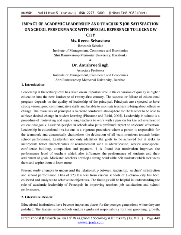 (PDF) IMPACT OF ACADEMIC LEADERSHIP AND TEACHER'S JOB SATISFACTION ON ...
