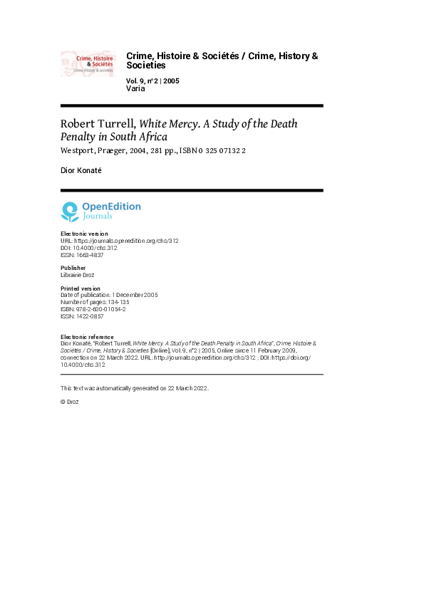 (PDF) Robert Turrell, White Mercy. A Study of the Death Penalty in ...