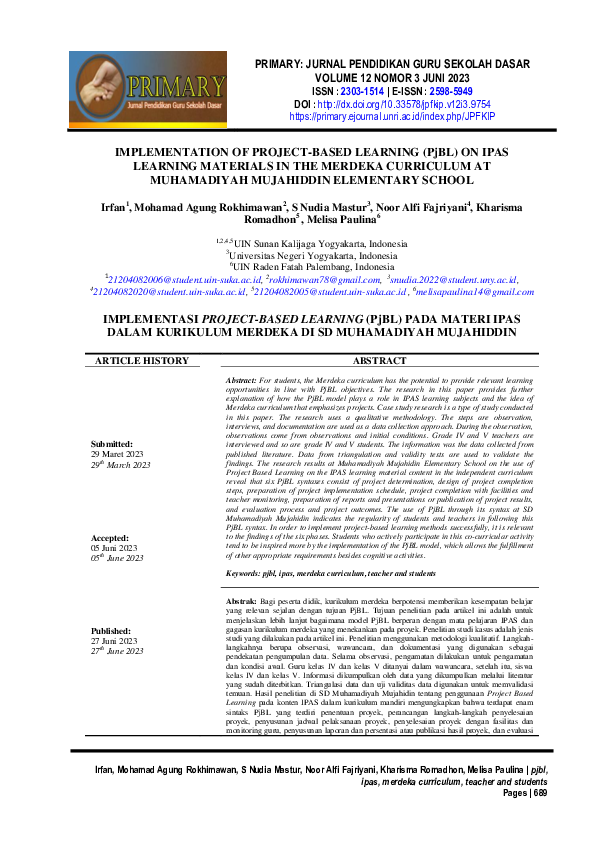 (PDF) IMPLEMENTATION OF PROJECT-BASED LEARNING (PjBL) ON IPAS LEARNING ...