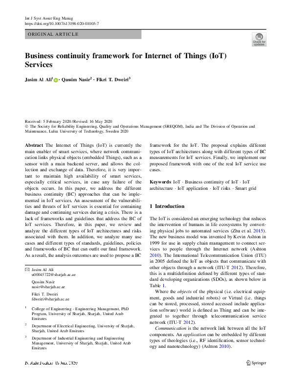 (PDF) Business continuity framework for Internet of Things (IoT) Services