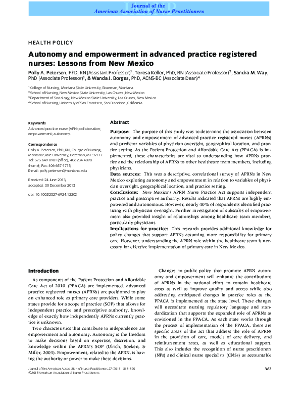 (PDF) Autonomy and empowerment in advanced practice registered nurses ...