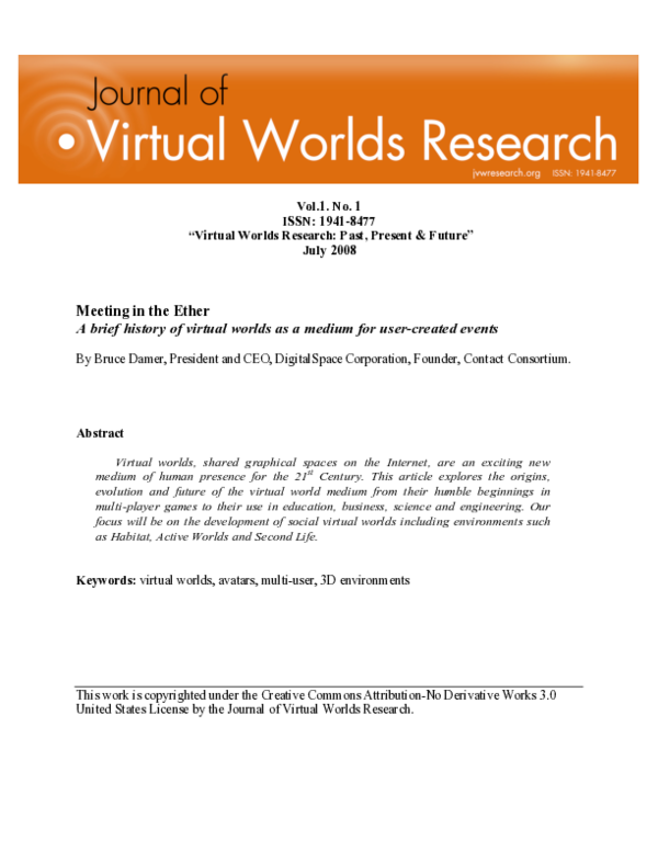 (PDF) Meeting in the Ether: A brief history of virtual worlds as a ...