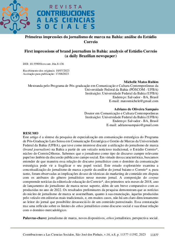 Primeiras impressões do jornalismo de marca na Bahia: análise do Estúdio Correio