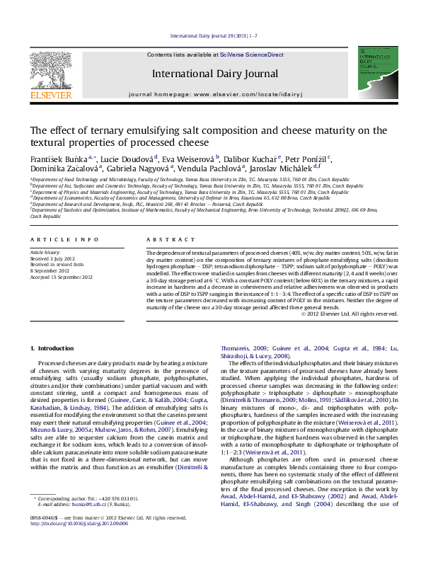 (PDF) Influence of emulsifying salts on the textural properties of nonfat process cheese made