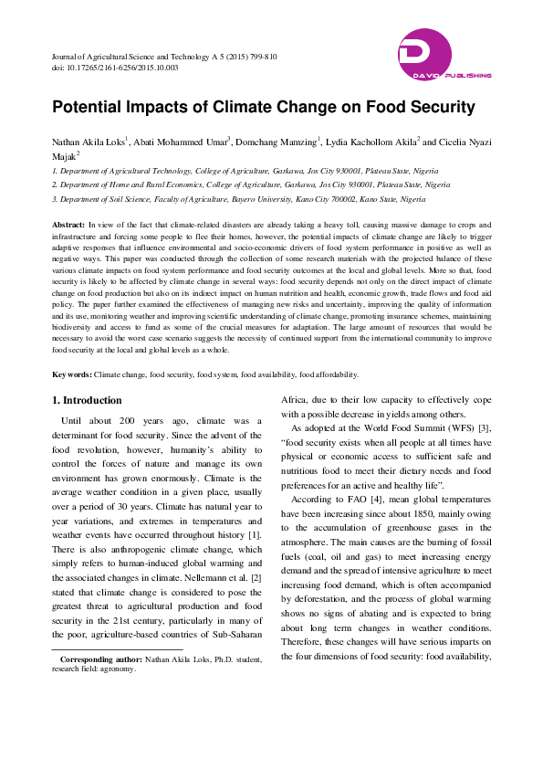(PDF) Potential Impacts of Climate Change on Food Security