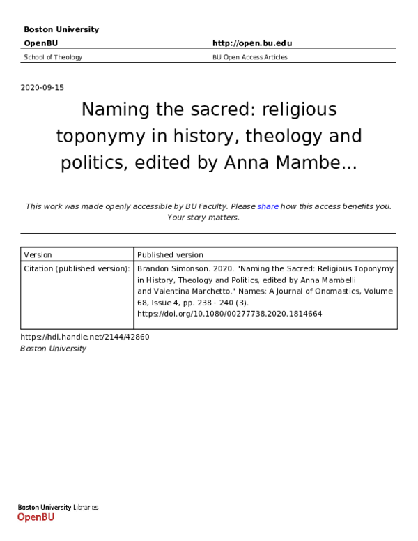 (PDF) Review of Naming the Sacred: Religious Toponymy in History ...