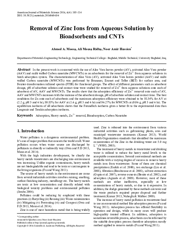 (PDF) Removal of Zinc Ions from Aqueous Solution by Bioadsorbents and CNTs